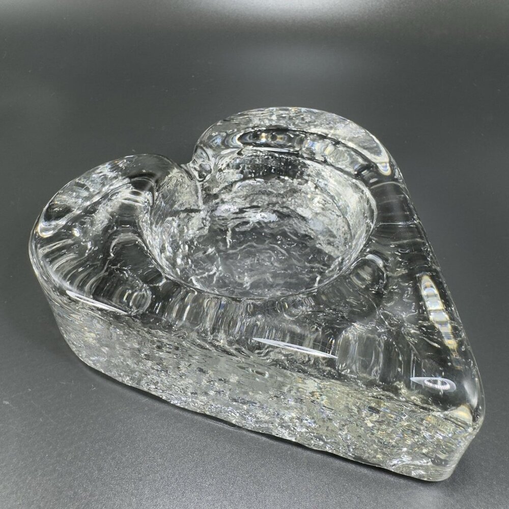 Mid Century Clear Heart Shaped Ashtray Dish Bowl Heavy Thick Textured Glass VTG